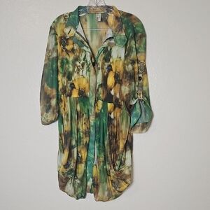 Elegant Green and Yellow Floral Long Sleeve Dress